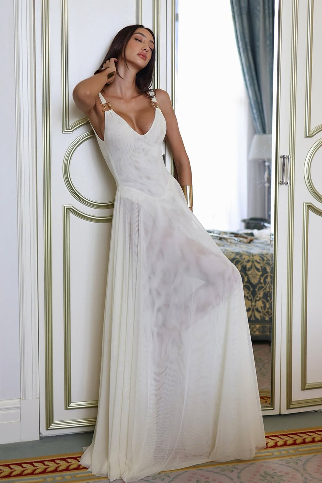 Deep V-Neck Ring Strap Drop Waist Sheer Pleated Maxi Gown