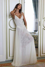 Deep V-Neck Ring Strap Drop Waist Sheer Pleated Maxi Gown
