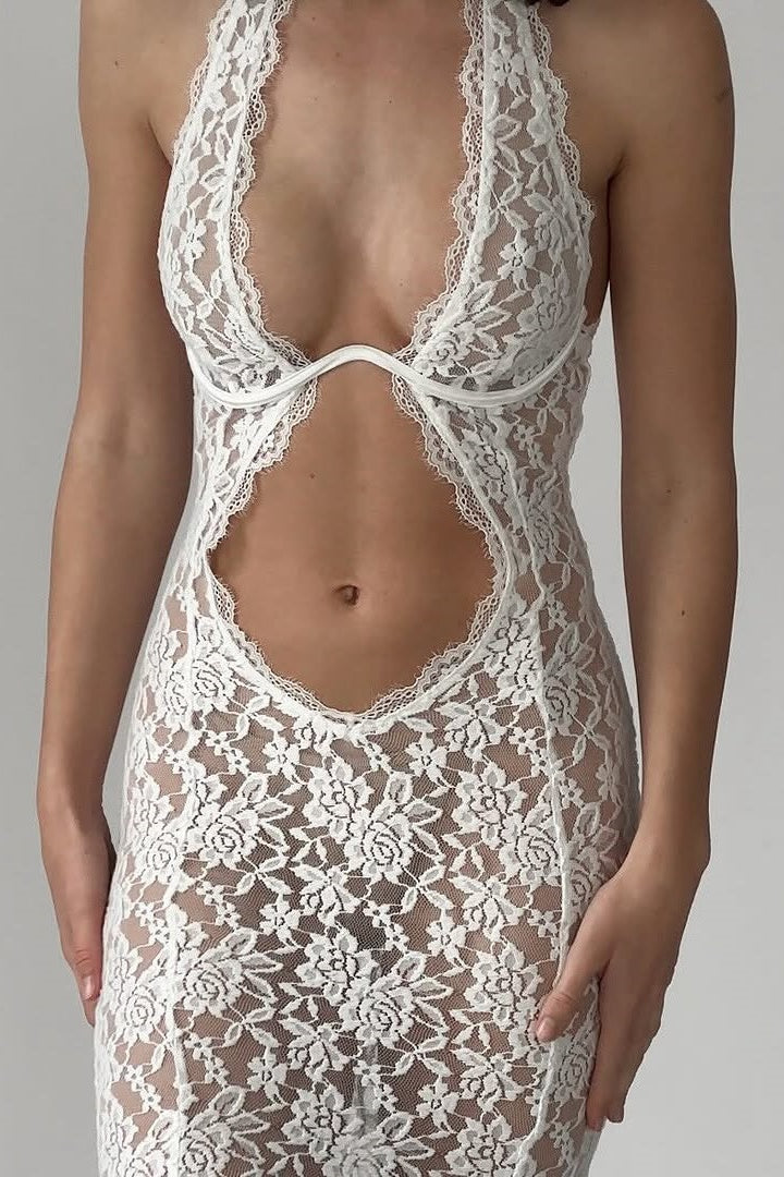 Halter Neck Plunging Cutout Floral Lace Mermaid Maxi Gown