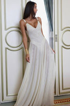Deep V-Neck Ring Strap Drop Waist Sheer Pleated Maxi Gown