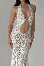 Halter Neck Plunging Cutout Floral Lace Mermaid Maxi Gown