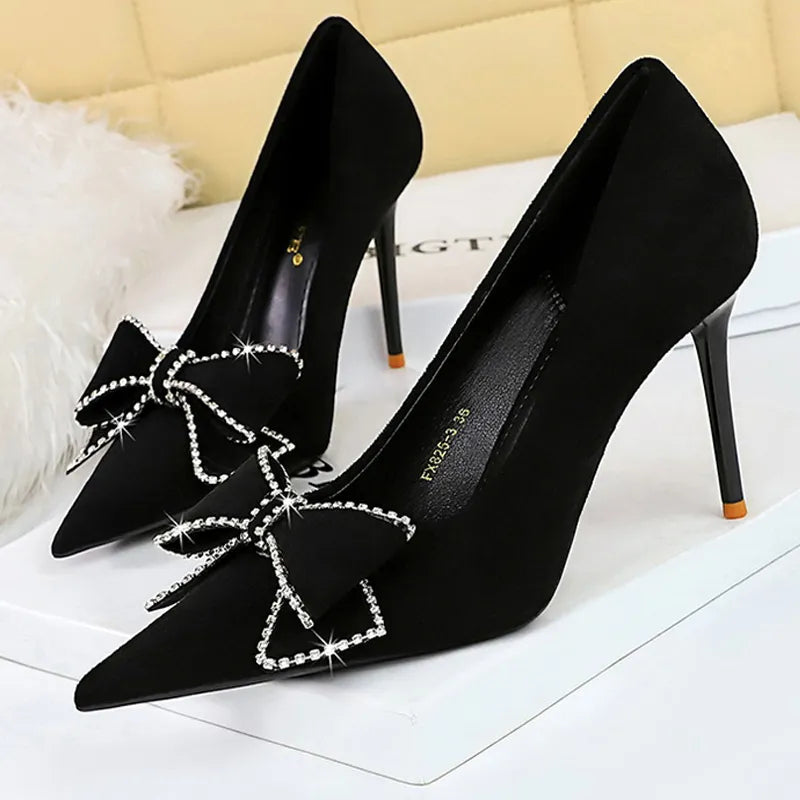 New Rhinestone High Heels Bowknot Women Pumps - Size 43