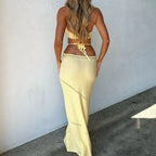 Crochet Halter Ring Detail Lace-Up Cutout Bodycon Maxi Dress