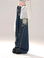 Women's Blue Baggy Star Jeans Harajuku Aesthetic Denim Trousers Y2k Vintage Japanese 2000s Style Jean Pants Trashy Clothes