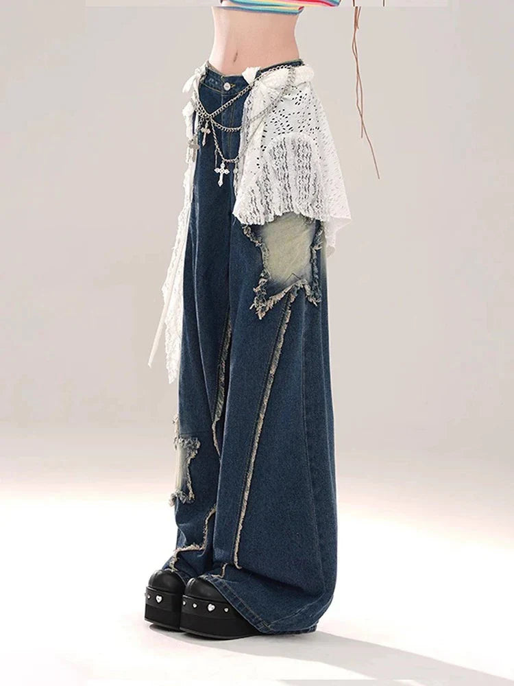 Women's Blue Baggy Star Jeans Harajuku Aesthetic Denim Trousers Y2k Vintage Japanese 2000s Style Jean Pants Trashy Clothes