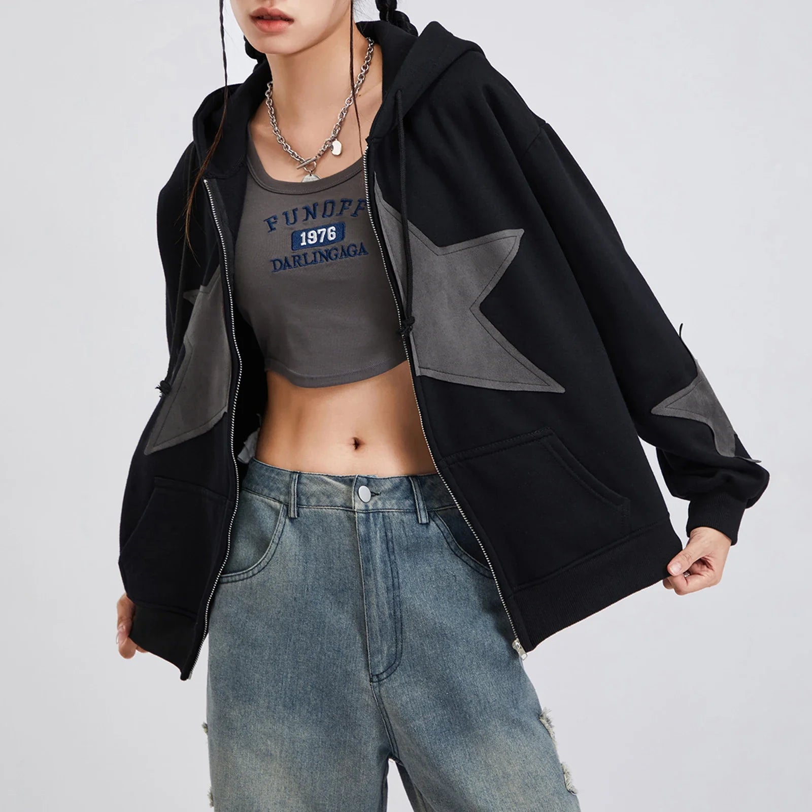 Star Print Drawstring Hoodie