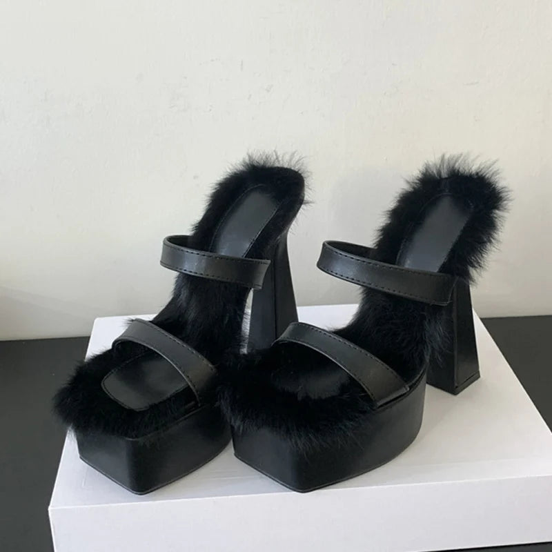 Chunky High Heels Platform Slippers Cozy Short Plush Square Toe Sandals for Summer