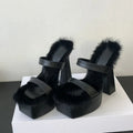 Chunky High Heels Platform Slippers Cozy Short Plush Square Toe Sandals for Summer