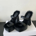 Chunky High Heels Platform Slippers Cozy Short Plush Square Toe Sandals for Summer