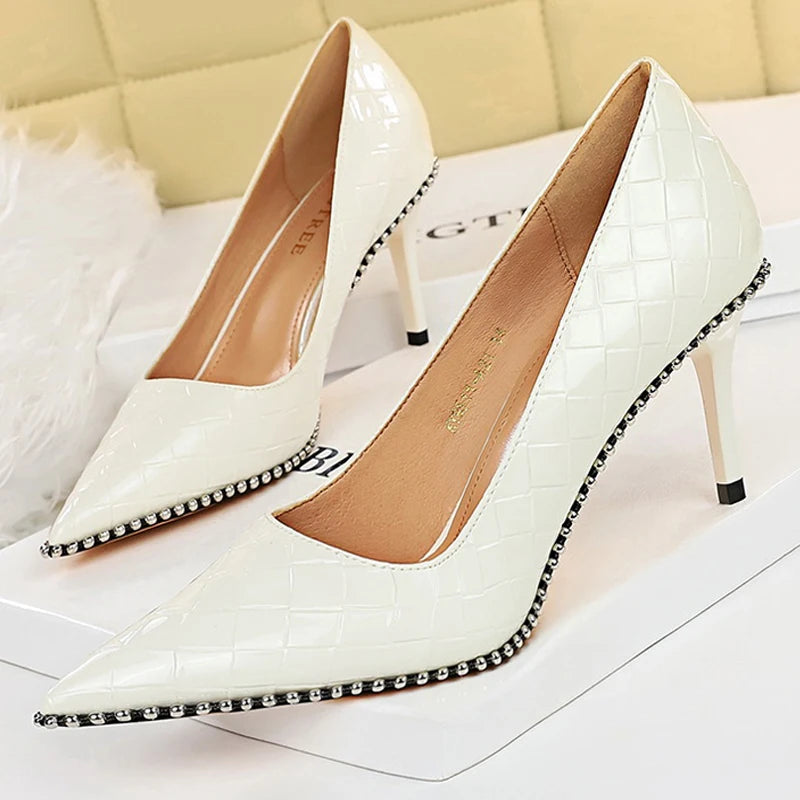 Metal Beads Black Suede High Heel Stiletto Wedding Shoes Women Pumps