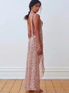 Chiffon Lace Up Slit Floral Dress