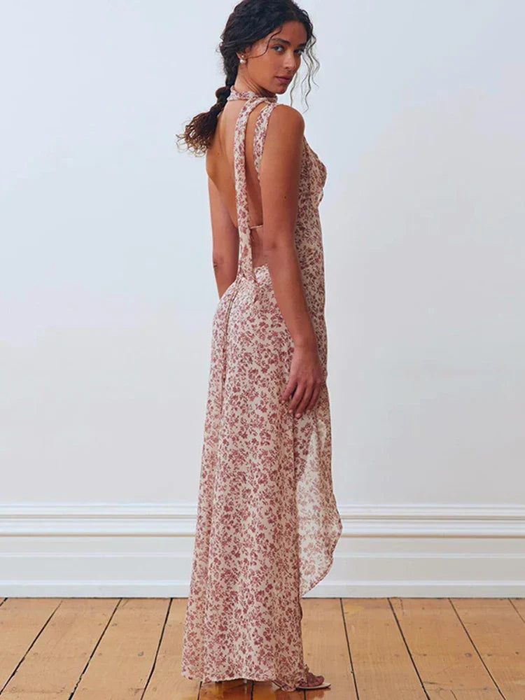 Halter Neck Ditsy Floral Print Tie Back Shoulder Streamer Backless Maxi Dress