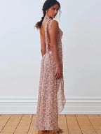 Halter Neck Ditsy Floral Print Tie Back Shoulder Streamer Backless Maxi Dress