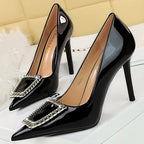 Rhinestone Metal Buckle High Heels Patent Leather Women Pumps
