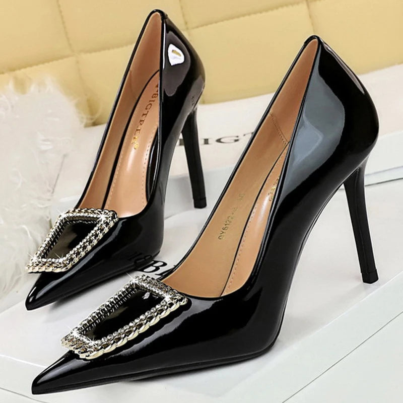 Rhinestone Metal Buckle High Heels Patent Leather Women Pumps