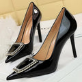 Rhinestone Metal Buckle High Heels Patent Leather Women Pumps