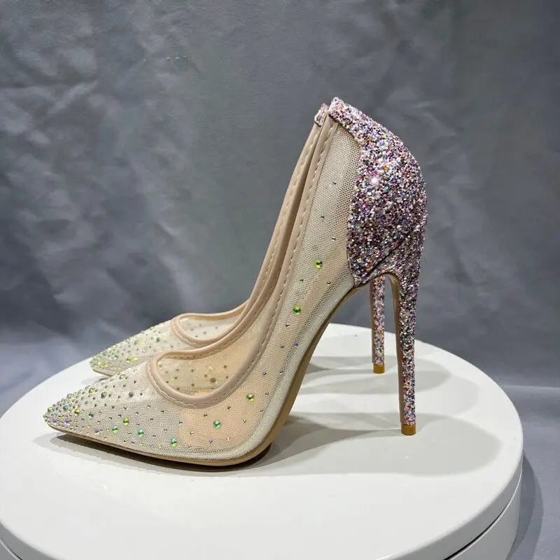 Sequined Gauze Mesh Pointy Toe High Heel Shoes with Glitter