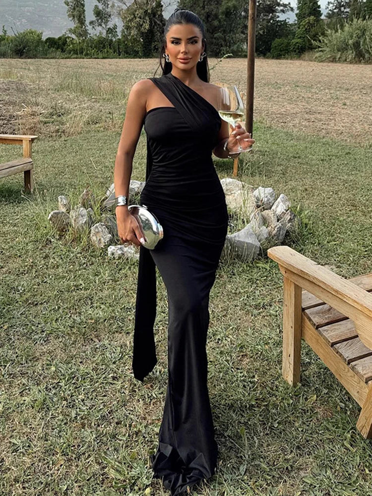 One Shoulder Ruched Bodycon Long Sash Drape Maxi Gown