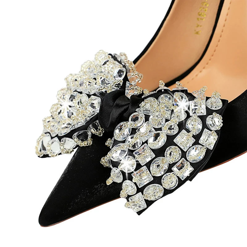 Women Pumps Rhinestone Bow High Heels in Silks and Satins