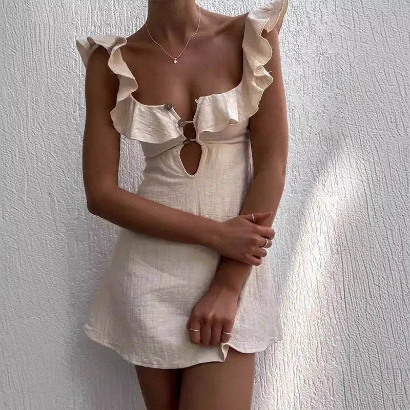 Square Neck Ruffle Strap Button Front Keyhole Cutout A-Line Mini Dress