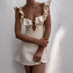 Square Neck Ruffle Strap Button Front Keyhole Cutout A-Line Mini Dress