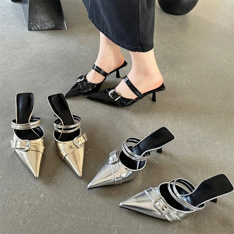 Buckle Strap Thin Heel Pointed Toe Spring Slippers for Women