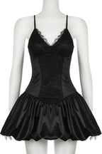 V-Neck Lace Patchwork Sleeveless Mini Dress with High Waist Slim Fit