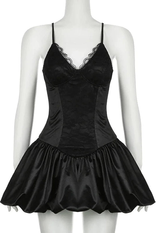 V-Neck Lace Patchwork Sleeveless Mini Dress with High Waist Slim Fit