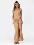 Lurex Asymmetric Neck Front Knot Cut Out High Split Maxi Dress