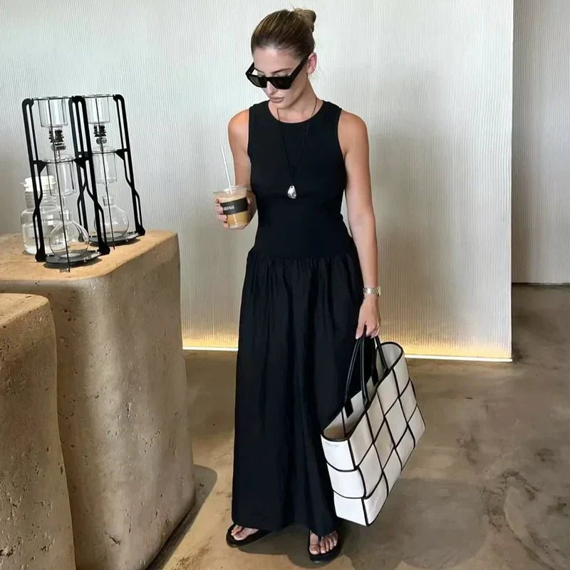 Crew Neck Sleeveless Fitted Bodice Gathered Full Skirt Maxi Dress