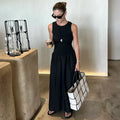 Crew Neck Sleeveless Fitted Bodice Gathered Full Skirt Maxi Dress