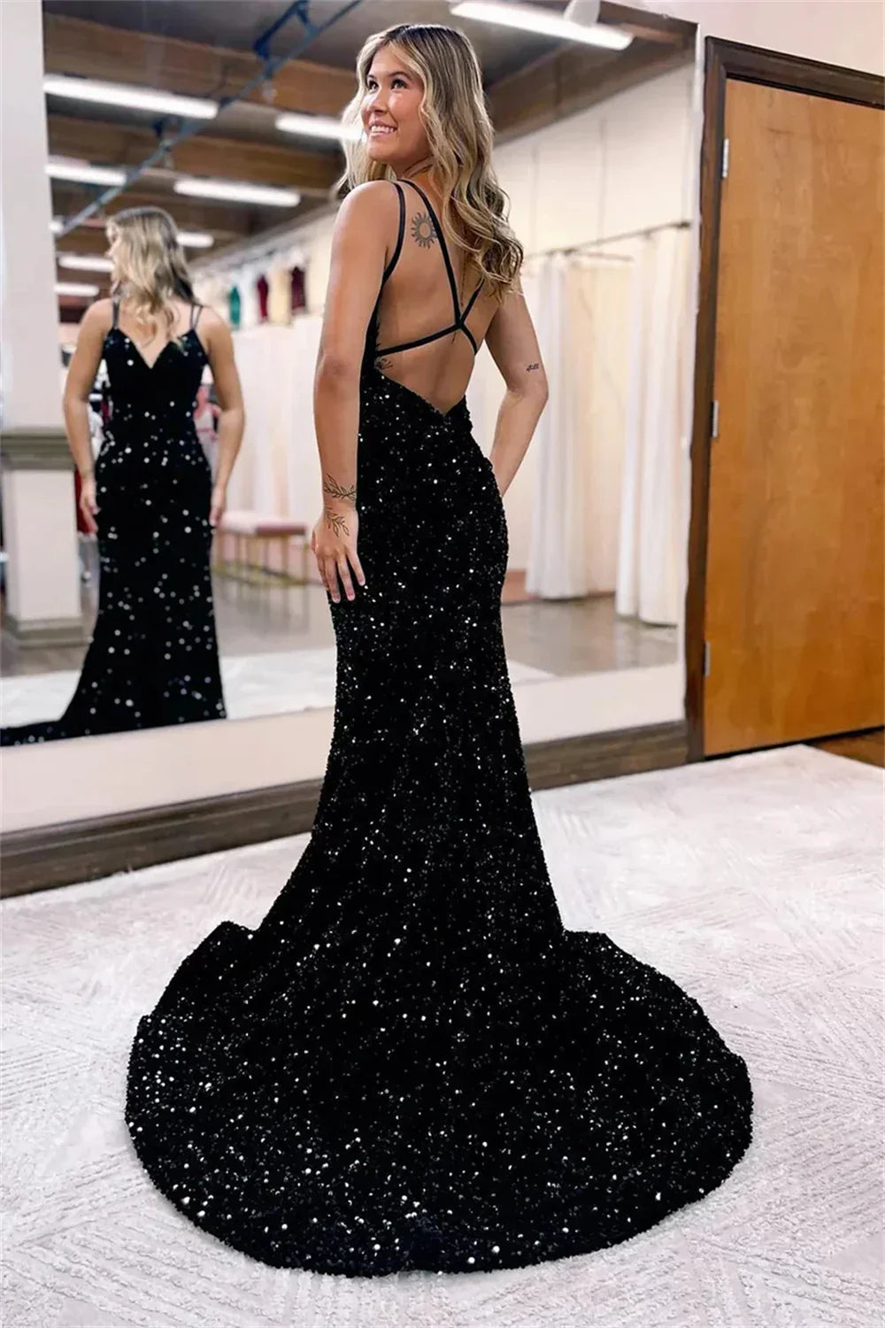 Sequin Criss Cross Back Deep V-Neck Mermaid Maxi Gown