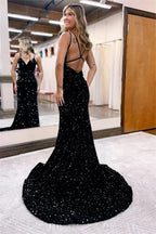 Sequin Criss Cross Back Deep V-Neck Mermaid Maxi Gown