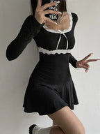 Square Neck Lace Trim Empire Waist Ribbon Bow Long Sleeve Fit and Flare Mini Dress