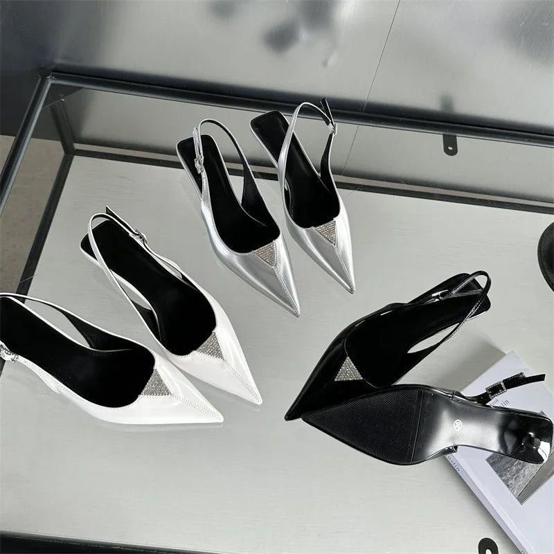 Crystal Pointed Toe Women Pumps with Designer Low Heels Sandals