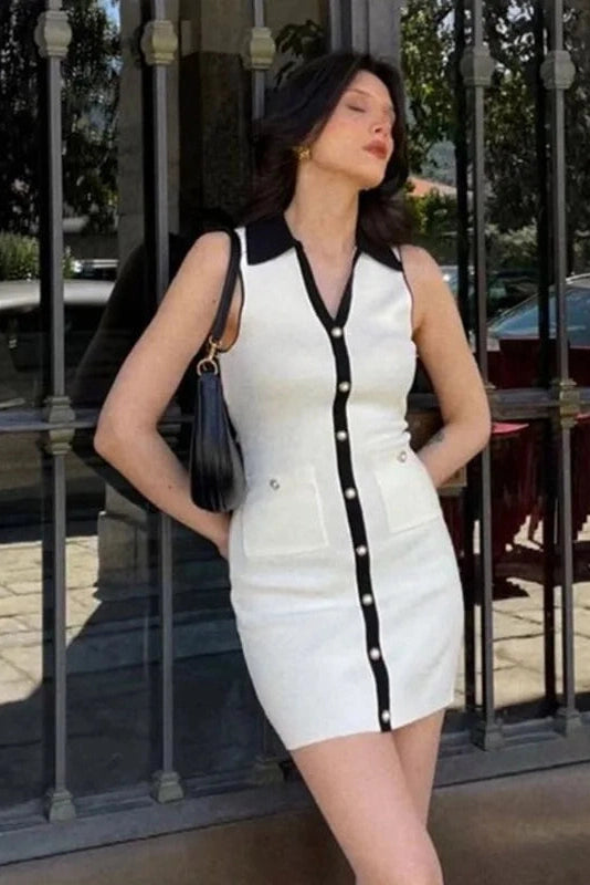 Sleeveless Mini Dress with Elegant Single Breasted Slim Fit