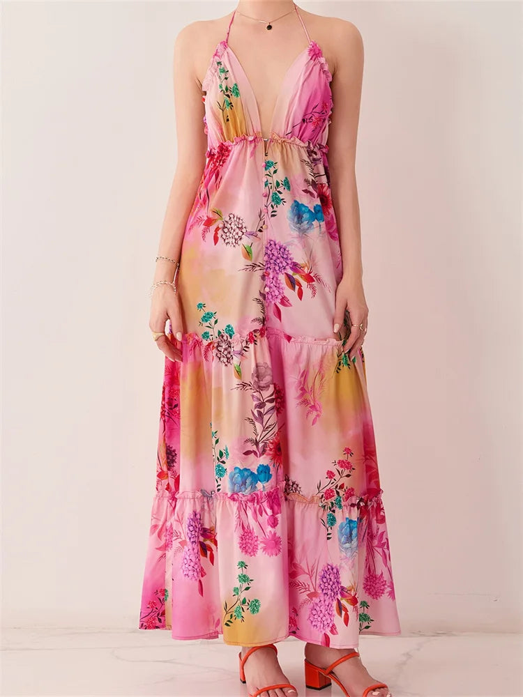 Floral Print Halter Deep V-Neck Tiered Ruffle Trim Maxi Dress
