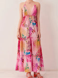 Floral Print Halter Deep V-Neck Tiered Ruffle Trim Maxi Dress