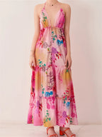 Floral Print Halter Deep V-Neck Tiered Ruffle Trim Maxi Dress