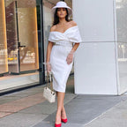 Off Shoulder Draped Cap Sleeve Wrap Belt Grommet Bodycon Midi Dress