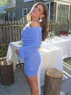 Off Shoulder Textured Knit Bell Sleeve Ruched Collar Bodycon Mini Dress