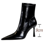 Leather High Heel Boots with Side Zipper and Warm Plush Lining for Winter