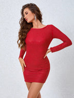 Althea Long Sleeve Mini Dress with Cowl Back Mesh and Rhinestones