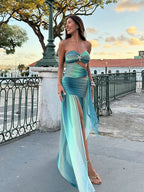 Pleated Tulle Strapless Twist Knot Cut Out Tiered Maxi Dress