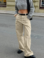 Khaki Classic Wide Leg Pant Women High Waist Pocket Loose Simple Trouser Autumn Winter Streetwear Fashion Casual Pants New