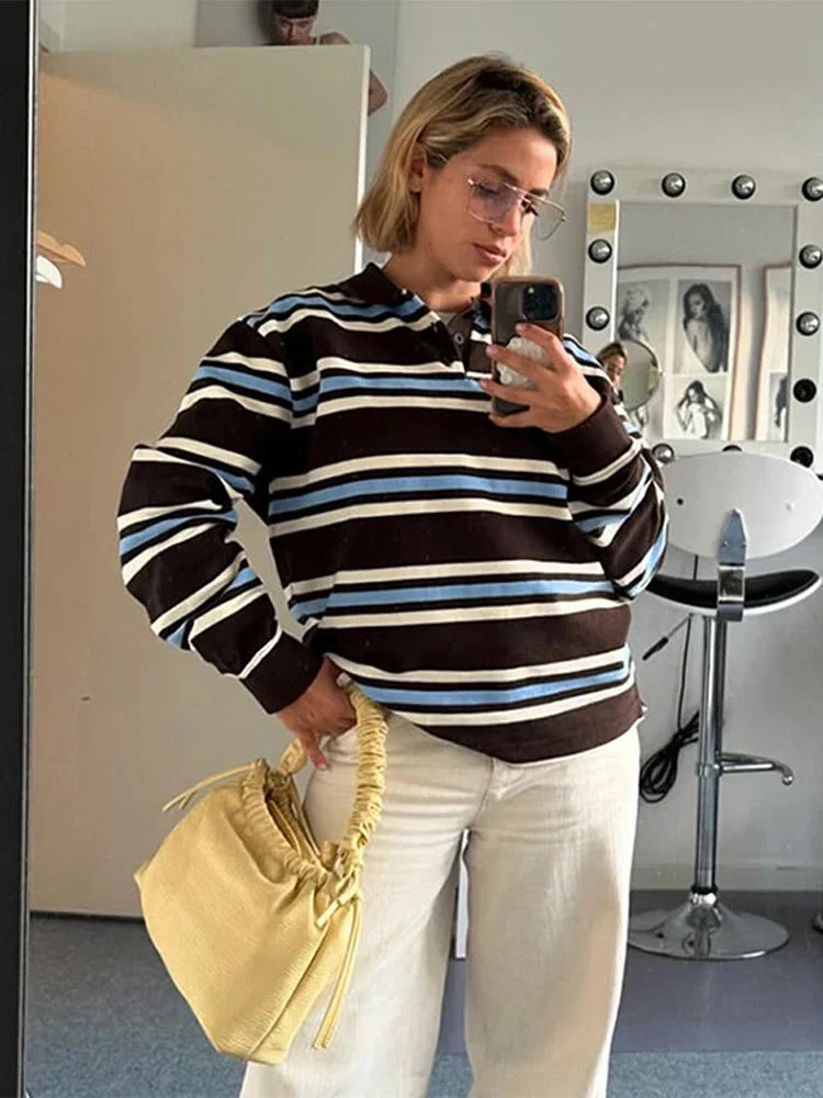 Vintage Stripe Basic Women's T-shirt Casual Long Sleeve Female All Match Polo Shirt Spring New Ladies Loose Tops High Street
