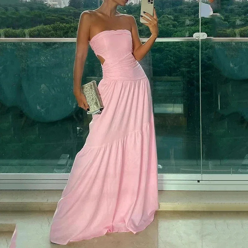Strapless Tube Bodice High Slit Column Maxi Dress