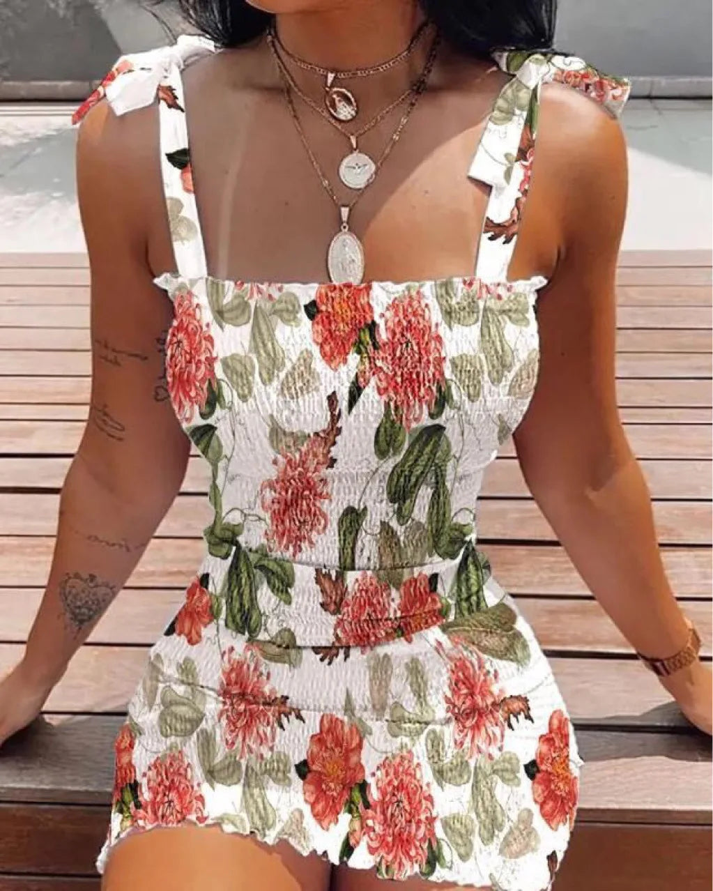 Smocked Square Neck Tie Shoulder Lettuce Hem Bodycon Mini Dress
