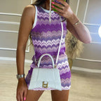 Sleeveless Chevron Zigzag Knit Crew Neck Bodycon Mini Dress