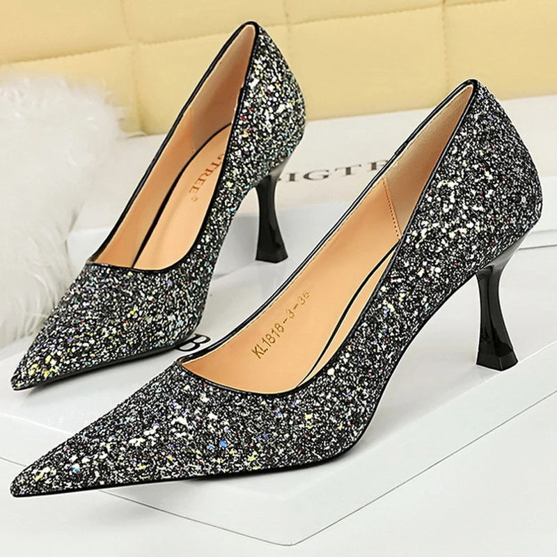 Shiny Sequin Cloth Women Pumps with 7 cm Metal Heel